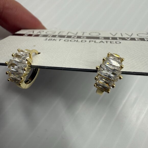 Argento Vivo 18K Gold Plated Sterling Silver Baguette CZ Huggie Hoop Earrings - Picture 4 of 5
